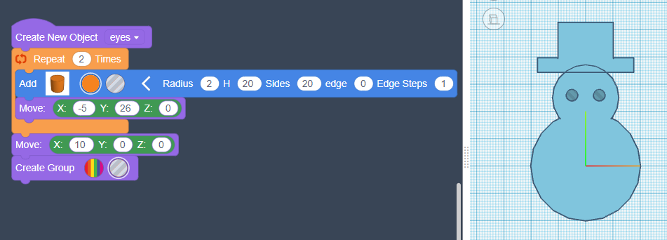 the same code as earlier, with a Create Group block underneath, the second circle has been selected, which is transparent.